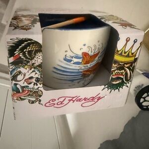 Ed Hardy Tattoo Art Ceramic Bowl & Chopsticks- White w/ Blue & Orange Koi Design